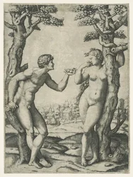 Sündenfall von Adam und Eva beim Baum der Erkenntnis von Gut und Böse mit Schlange