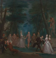 Szene in einem Park mit Figuren aus der Commedia dell