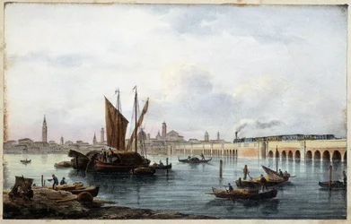 Die Brücke über die Lagune im „Album der Hauptansichten von Venedig“, gezeichnet von Marco Moro, ed. Gio Brizeghel, ca. 1840