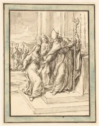 Ein Bischof und zwei Nonnen an einem Altar, mit einem Bischof, der im Hintergrund eine besessene Frau heilt