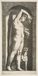 Bacchus steht in einer Nische und hält Trauben in seiner erhobenen rechten Hand, Früchte in seiner linken, ca. 1515-27