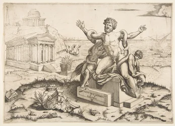 Laokoon und seine zwei Söhne werden von Schlangen auf einem Sockel angegriffen, ein Tempel zu Mi..., ca. 1515-27