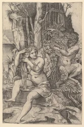 Pan beobachtet die Nymphe Syrinx, die auf einem Felsen sitzt und ihr Haar kämmt, ca. 1516-20