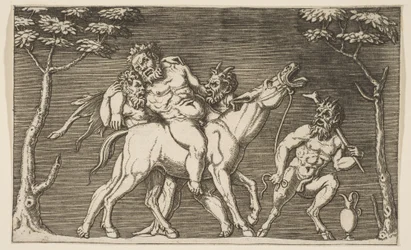Zwei Satyrn setzen Silenus auf ein schreiendes Maultier und ein dritter Satyr rechts, ca. 1515-27