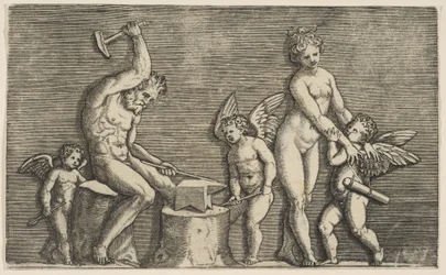 Vulkan sitzt und hämmert auf einem Amboss, flankiert von Venus und drei Cupidos, ca. 1515-27