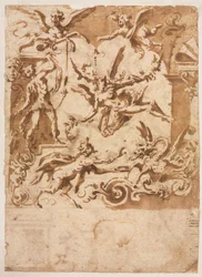 Groteske mit einem Satyr, der einen Drachen füttert (recto), Groteske mit einem springenden Zentaur (verso), um 1565-158