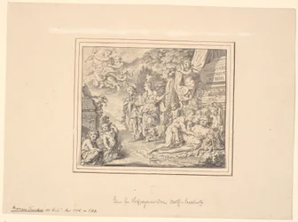 Allegorisches Blatt mit dem betrunkenen Silen und anderen mythologischen und allegorischen Figuren bei einem Sarkophag mit der Inschrift: "Sepulcrum pudicitiae mortae"