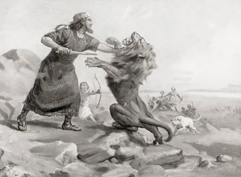 Tiglath-Pileser tötet einen Löwen, aus Hutchinsons Geschichte der Nationen, veröffentlicht 1915