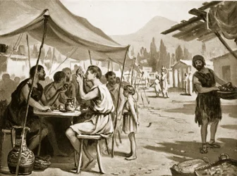 Spartaner essen an öffentlichen Tischen, Illustration aus 