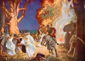 Das Massaker an den Druiden auf Anglesey durch die Römer im Jahr 60 n. Chr., Illustration aus 
