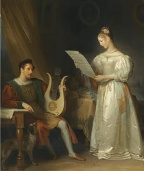 Innenraum mit einem Mann, der eine Lyra hält, und einer Frau mit einer Musikpartitur