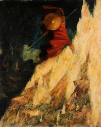 Die Walküre. Wotan schlägt mit dem Speer auf den Felsen, ca. 1895