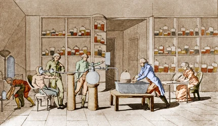 Antoine Laurent de Lavoisier (1743-1794), französischer Chemiker, führt ein Experiment zur Atmung des ruhenden Menschen durch. Nach einer Zeichnung von Mme Lavoisier. Paris 18. Jahrhundert. Leemage-Sammlung