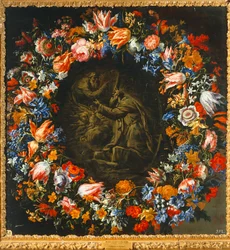 Blumenkranz mit biblischer Szene im Zentrum