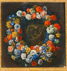 Blumenkranz mit biblischer Szene im Zentrum