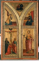 Altarflügel, der die Kreuzigung, Heilige Dorothea und andere Heilige darstellt