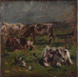 Kühe und Hühner, ca. 1880