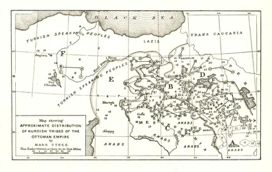Karte mit der ungefähren Verteilung der kurdischen Stämme im Osmanischen Reich, um 1915.