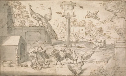 Landschaft mit Vögeln und Hund