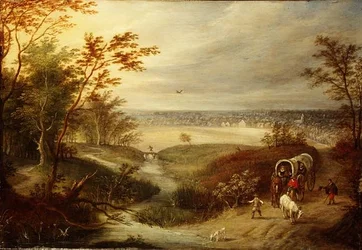 Weitläufige bewaldete Landschaft mit einem Wagen an einer Furt