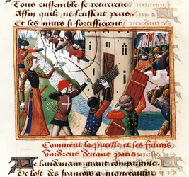 Johanna von Orléans an den Toren von St. Honore, wo der Angriff auf Paris beginnt, Miniatur aus Vigiles de Charles VII von Martial de Paris (bekannt als Auvergne)