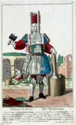 Beruf: Ein Buchbinder. Gravur von Martin Engelbrecht (1684-1756), in "Neue Versammlung der bekleideten Handwerker" 18. Jahrhundert, Deutschland. Paris, Dekorative Künste