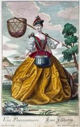 Beruf: Ein Fisch. Gravur von Martin Engelbrecht (1684-1756), in "Neue Versammlung der bekleideten Handwerker" 18. Jahrhundert, Deutschland. Paris, Dekorative Künste