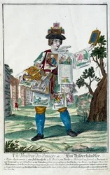 Beruf: Ein Bildverkäufer. Gravur von Martin Engelbrecht (1684-1756), in „Neue Versammlung der manouvries habilles“ 18. Jahrhundert, Deutschland. Paris, Decorative Arts