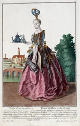 Beruf: Frau eines Goldfischs. Gravur von Martin Engelbrecht (1684-1756), in „Neue Versammlung der manouvries habilles“ 18. Jahrhundert, Deutschland. Paris, Decorative Arts