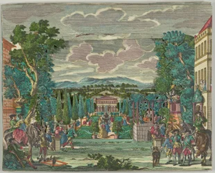Papiertheater oder Diorama einer italienisierenden Villa mit Garten