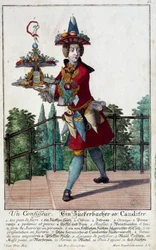 Der Konditor: ein junger Mann hält ein Tablett mit Süßigkeiten und Konfekt. Gravur von Martin Engelbrecht (1684-1756) 18. Jahrhundert. Paris, Decorative Arts