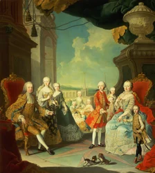 Maria Theresia und ihr Ehemann an der Treppe, die von der Großen Halle des Schlosses Schönbrunn in den großen Hof führt, mit ihren Kindern Joseph II., Karl, Leopold II., Ferdinand, Mariana, Elisabeth