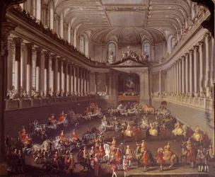 Karussell der spanischen Manege von Wien zur Feier der französischen Niederlage in Prag 1763, Marie Therese von Österreich (1717-1780) ist auf dem weißen Pferd dargestellt Gemälde der Schule von Martin Meytens (1695-1770) 18. Jahrhundert Wien. Kunsthistor