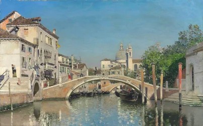 Ein venezianischer Kanal mit Gondeln, Santa Maria Della Salute im Hintergrund