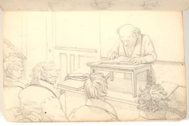 Interieur der Akademie mit Vorleser und Zuhörern