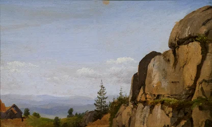 Norwegische Landschaft mit Felsen im Vordergrund