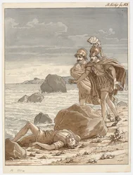 Zwei Krieger finden einen Mann, der an den Strand gespült wurde