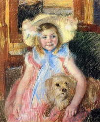 Sara mit einem großen Blumenhut, nach rechts blickend, ihren Hund haltend, um 1901