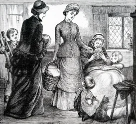 Eine Frau, die einem armen Häusler Geschenke gibt. Von Mary Ellen Edwards (1838-1934), eine englische Künstlerin