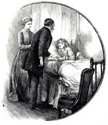 Eine Gravur, die einen Arzt zeigt, der seinen jungen Patienten zu Hause besucht. Illustriert von Mary Ellen Edwards (1838-1934), einer englischen Künstlerin und produktiven Illustratorin von Kinderbüchern