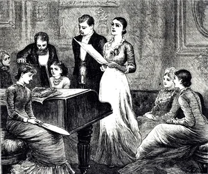Eine Gravur, die einen musikalischen Abend darstellt. Illustriert von Mary Ellen Edwards (1838-1934), einer englischen Künstlerin und Illustratorin von Kinderbüchern