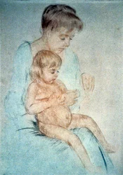 Frau mit kleinem nacktem Kind auf dem Schoß, während sie dessen Fingernägel pflegt, um 1904. Mary Cassatt (1844-1926), amerikanische Malerin und Grafikerin, die ab 1866 hauptsächlich in Frankreich lebte. Häuslichkeit, Mutter, Kind