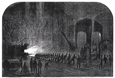 Walzen von Panzerplatten für die Schiffe Ihrer Majestät in den Atlas-Stahlwerken, Sheffield, Illustration aus „The Illustrated London News“, 14. September 1861