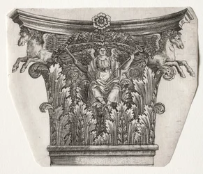 Basis und Kapitell mit Figur des Ruhms und geflügelten Pferden