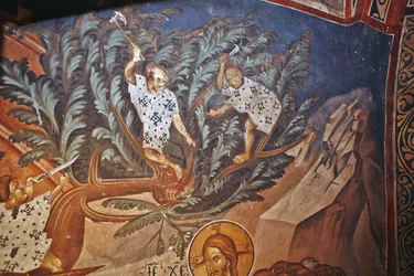 Der Einzug Christi in Jerusalem. Detail: Kinder schneiden Palmzweige, 14. Jahrhundert