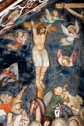 Der reuige Schächer, mit Jesus gekreuzigt, seine Seele wird von einem Engel umarmt. Darstellung des guten Schächers, auch heiliger Dismas genannt
