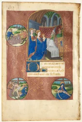 Blatt aus einem Stundenbuch: Darstellung im Tempel mit Rundbildern der Losziehung, ca. 1460
