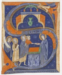 Manuskript-Illumination mit der Darstellung Christi im Tempel in einem Initial S..., ca. 1278