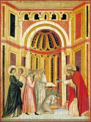 Bischof Urban tauft Tiburcio, Detail aus dem Altarbild der Legende von St. Cäcilia, um 1304, von Meister der Heiligen Cäcilia, Tempera auf Tafel und Goldblatt geprägt
