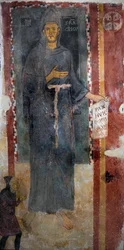 Darstellung des Heiligen Franz von Assisi. Sicherlich die erste Darstellung des Heiligen, ausgeführt zu Lebzeiten, ohne Stigmata und ohne Heiligenschein. Er hält ein Papier mit der Aufschrift "Pax huic Domui" (Friede diesem Haus)